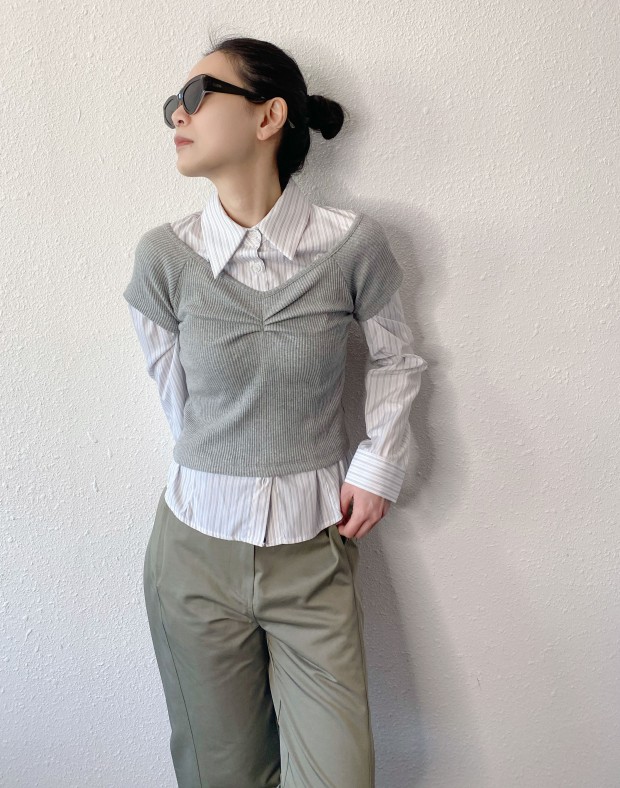 Grey Off Shoulder Ribbed Top #250229